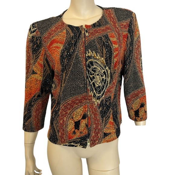 Joseph Ribkoff Abstract Sparkle Jacket Top Sz M Zip Stretch Colorblock - Picture 2 of 7